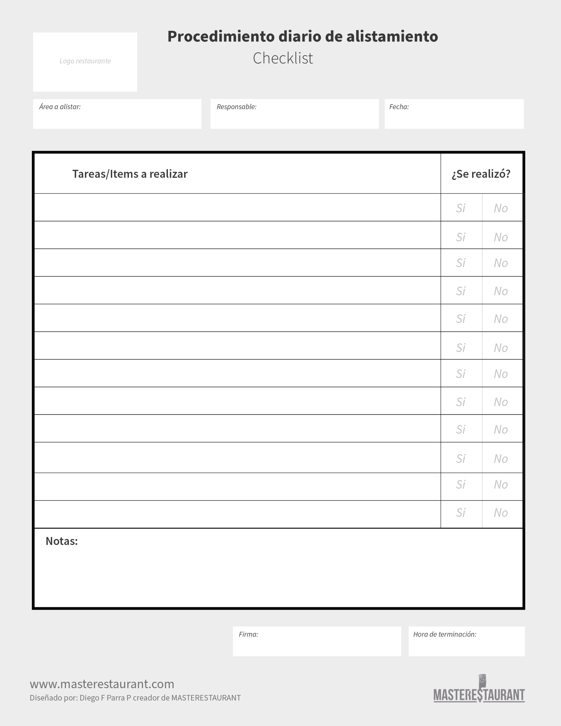 CHECKLIST PARA ALISTAMIENTO DIARIO EN RESTAURANTES Y NEGOCIOS GASTRONÓMICOS MASTERESTAURANT(master restaurant)
