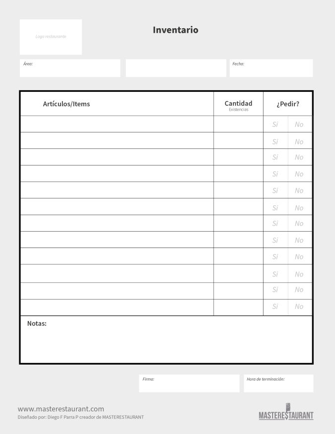 Formato de checklist de inventario para restaurantes y negocios gastronómicos de MASTERESTAURANT.