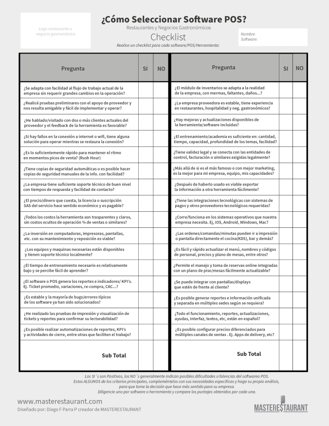 Toolkit - Checklist formato - ¿Cómo seleccionar software POS? Criterios para seleccionar el mejor software POS de restaurantes - masterestaurant