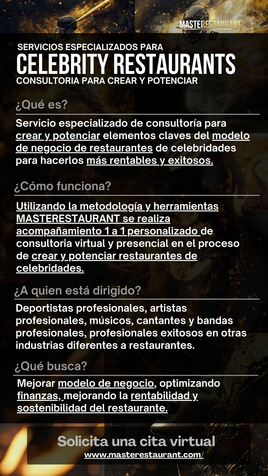 Servicios, entrenamiento, consultoría, bootcamps, eventos y acompañamientos privados para celebrity restaurants, restaurantes de famosos, restaurantes de celebridades, restaurantes temáticos, foodtech’s y negocios gastronómicos.