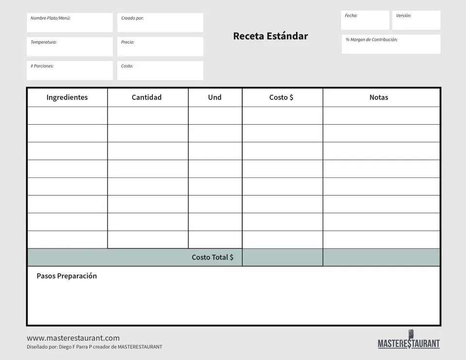 Receta estándar de MASTERESTAURANT