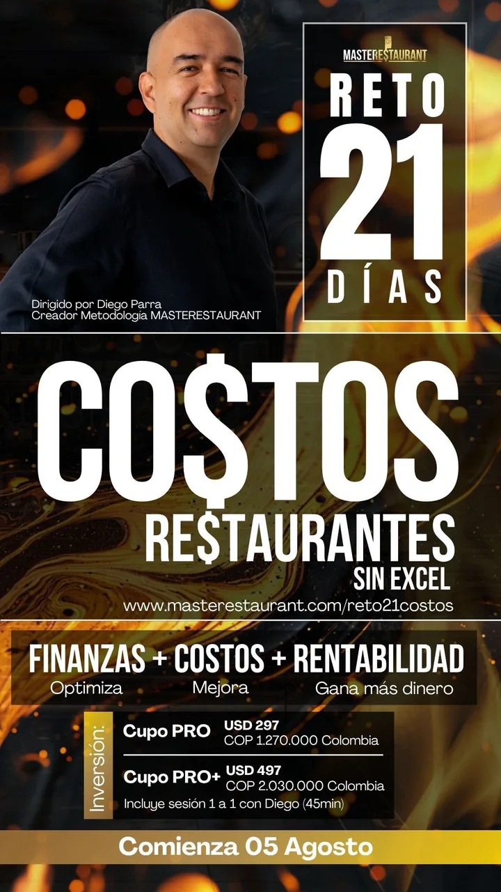 Reto 21 días de COSTOS y FINANZAS de Restaurantes sin Excel, dirigido por Diego Parra