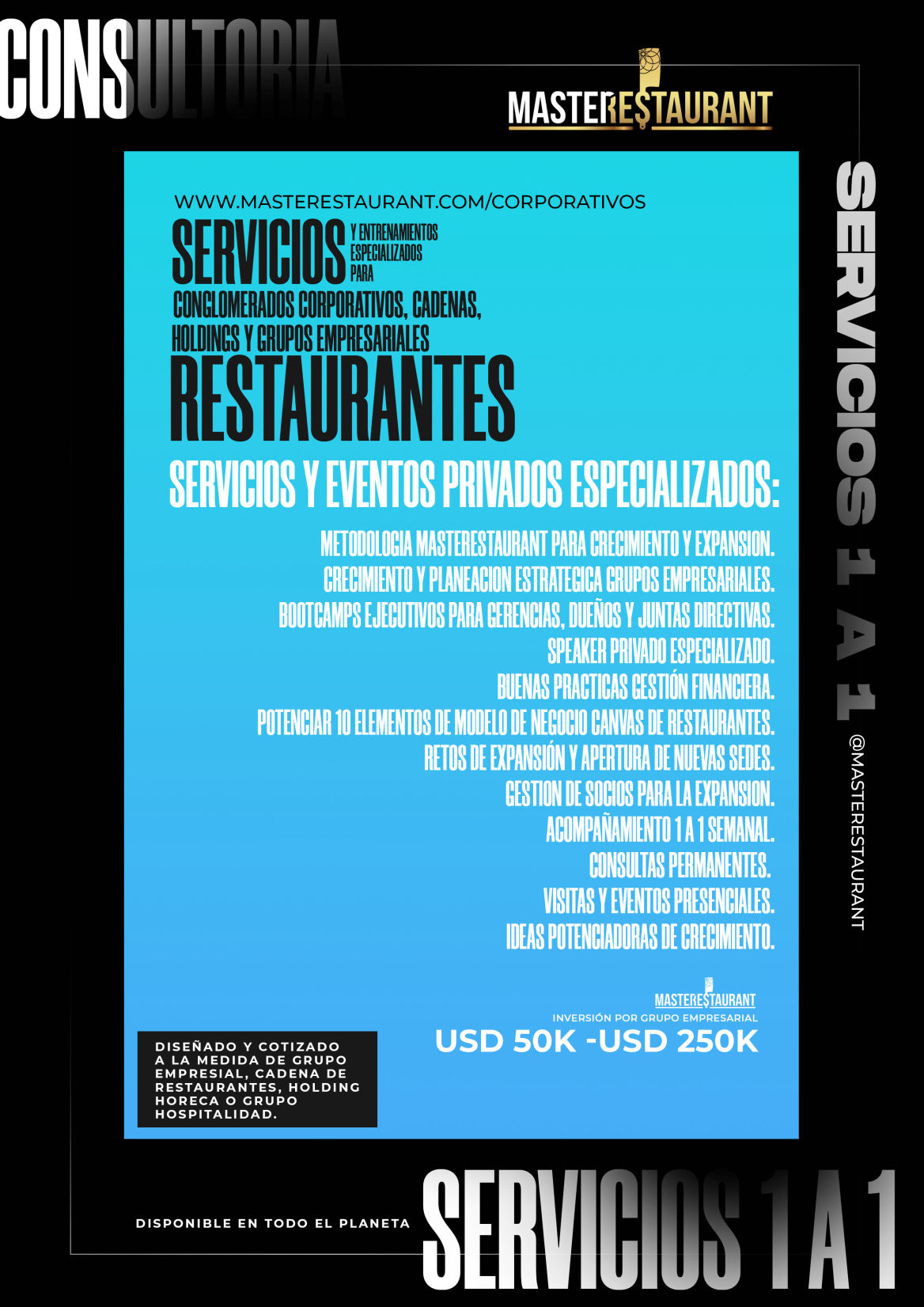Servicios, entrenamiento, consultoría, bootcamps, eventos y acompañamientos privados para grupos empresariales, conglomeraros corporativos, cadenas, holdings de restaurantes, dark kitchens, foodtech’s y negocios gastronómicos. ESTADOS UNIDOS (USA)